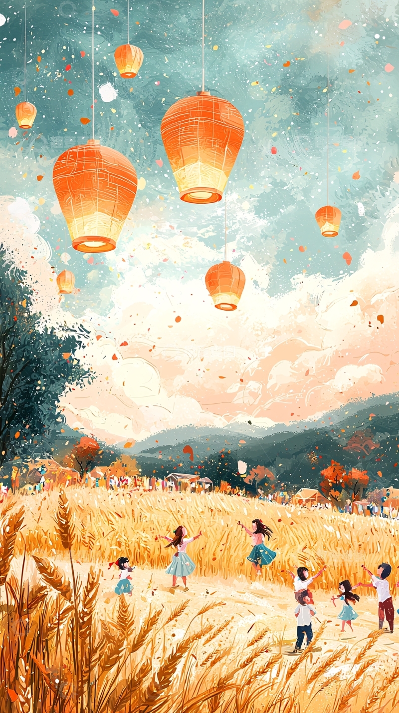 高清大图下载【趣麦麦图】秋天麦田放飞灯笼