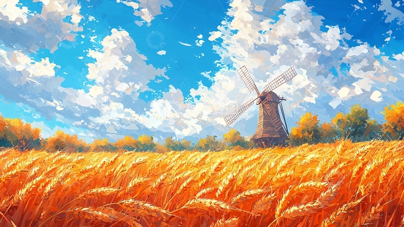 高清大图下载【趣麦麦图】金黄麦田里的古老风车