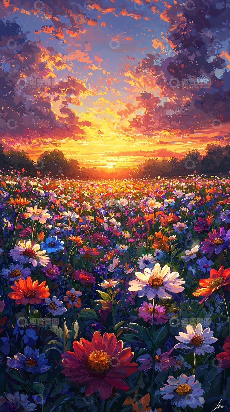 高清大图下载【趣麦麦图】绚丽多彩的落日花田