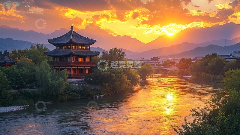 高清大图下载【趣麦麦图】日落下的中国古建筑