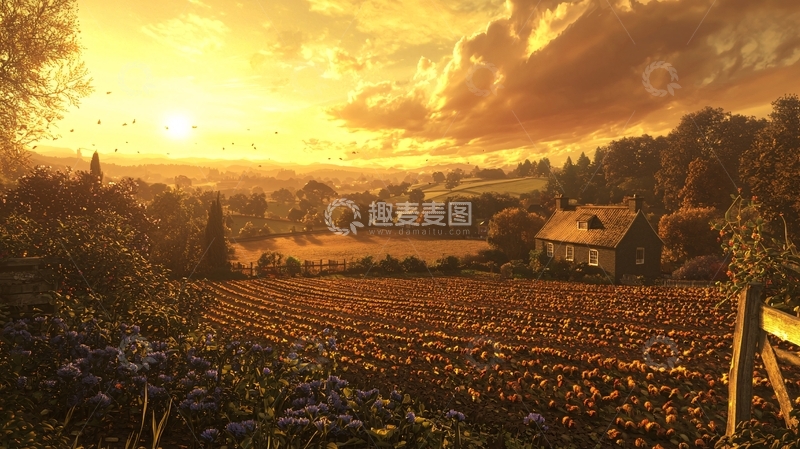 高清大图下载【趣麦麦图】夕阳下的田园乡村风光