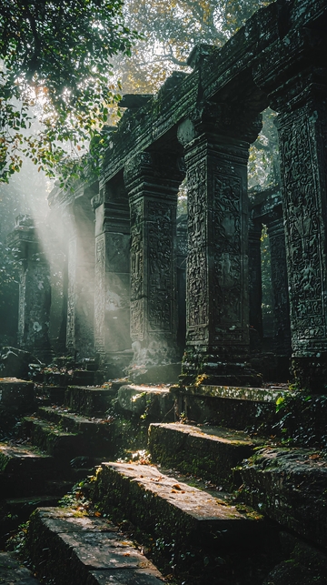 阳光透过树林照射在古老废墟