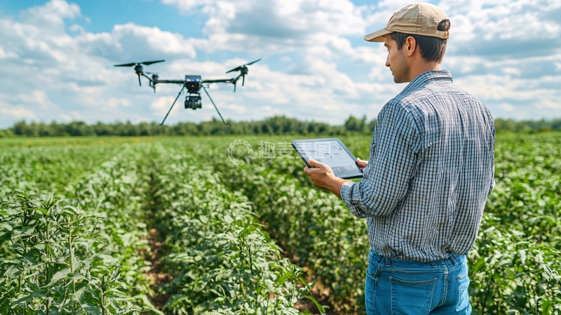 高清大图下载【趣麦麦图】农民用平板电脑操控农田无人机