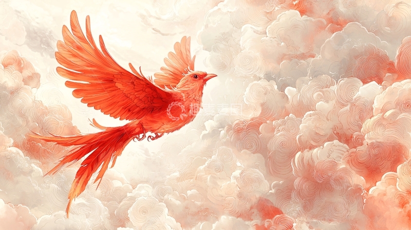 高清大图下载【趣麦麦图】火红飞鸟祥云图