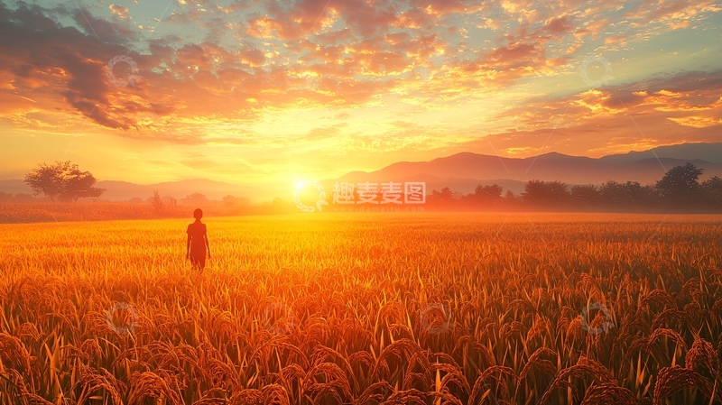 高清大图下载【趣麦麦图】日出麦田剪影