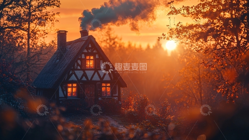 高清大图下载【趣麦麦图】夕阳下的森林小屋