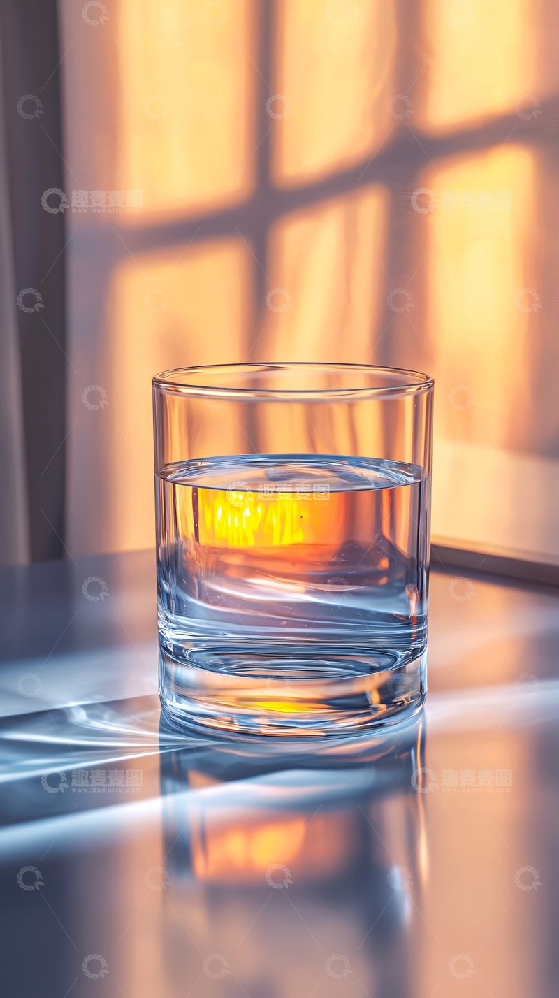 高清大图下载【趣麦麦图】夕阳余晖下的玻璃杯水