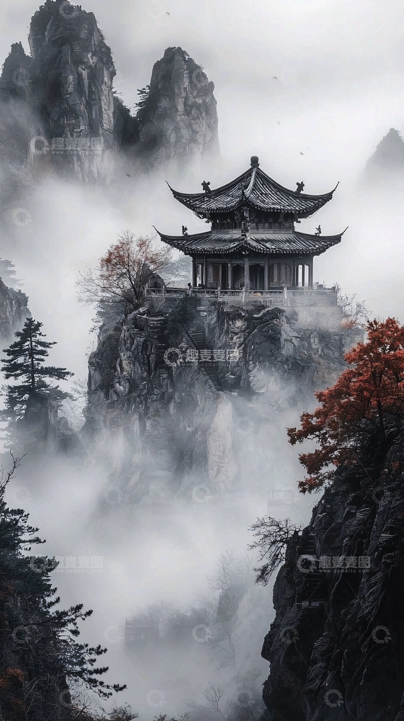 高清大图下载【趣麦麦图】仙境般山顶古亭