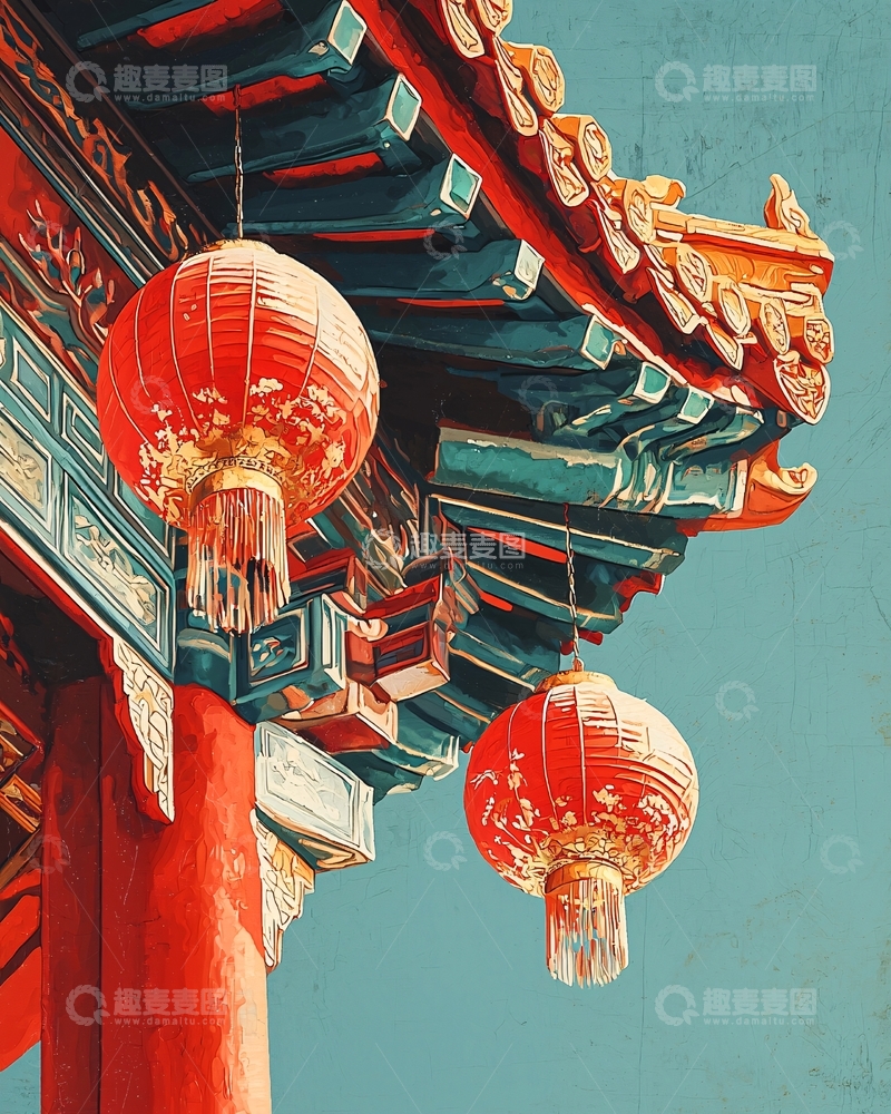 高清大图下载【趣麦麦图】红色灯笼与古建筑屋檐