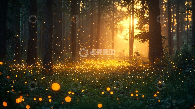 高清大图下载【趣麦麦图】森林萤火虫日落