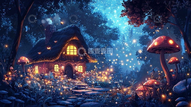 高清大图下载【趣麦麦图】夜晚森林小屋