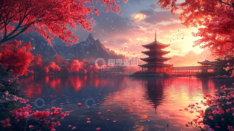 高清大图下载【趣麦麦图】红枫落日下的日式古塔