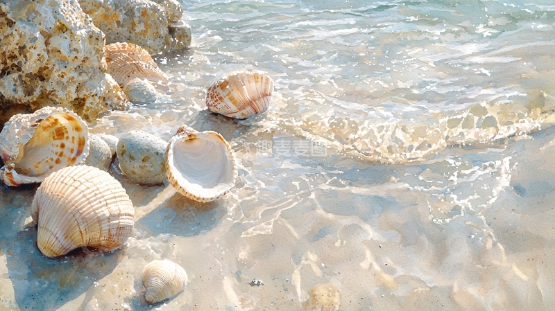 高清大图下载【趣麦麦图】海滩边贝壳与海水