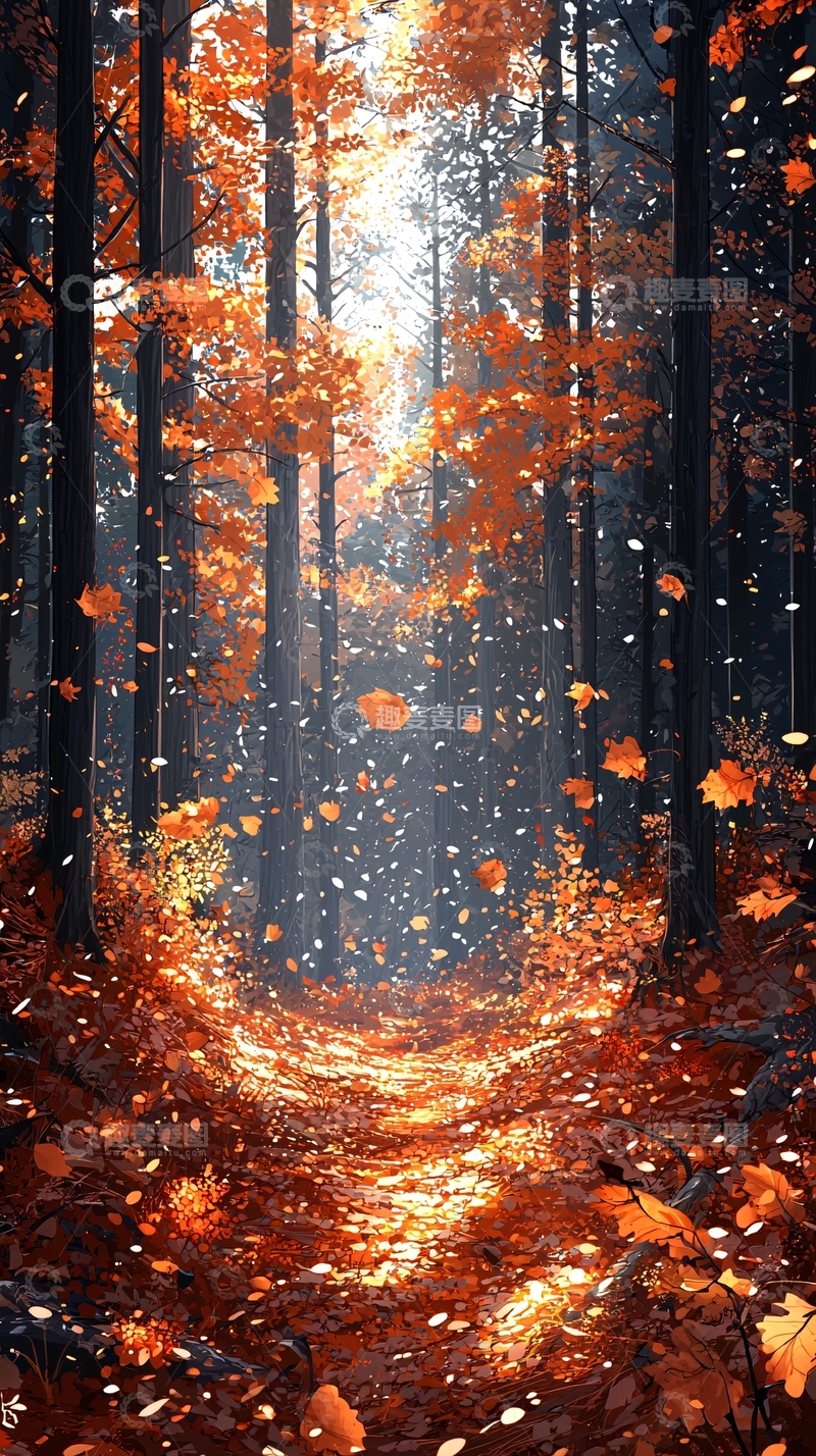高清大图下载【趣麦麦图】秋日森林阳光洒在落叶上