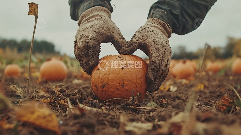 高清大图下载【趣麦麦图】泥土中双手捧着南瓜