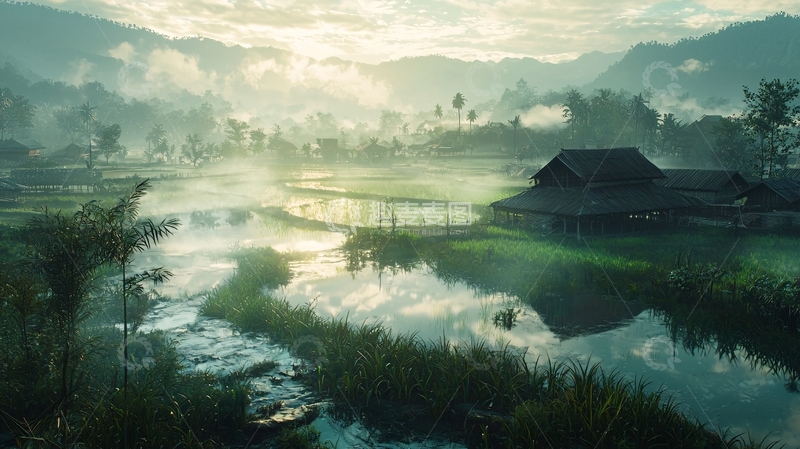 高清大图下载【趣麦麦图】雾气弥漫的稻田美景
