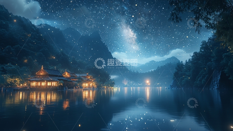 高清大图下载【趣麦麦图】星空下的湖边小屋