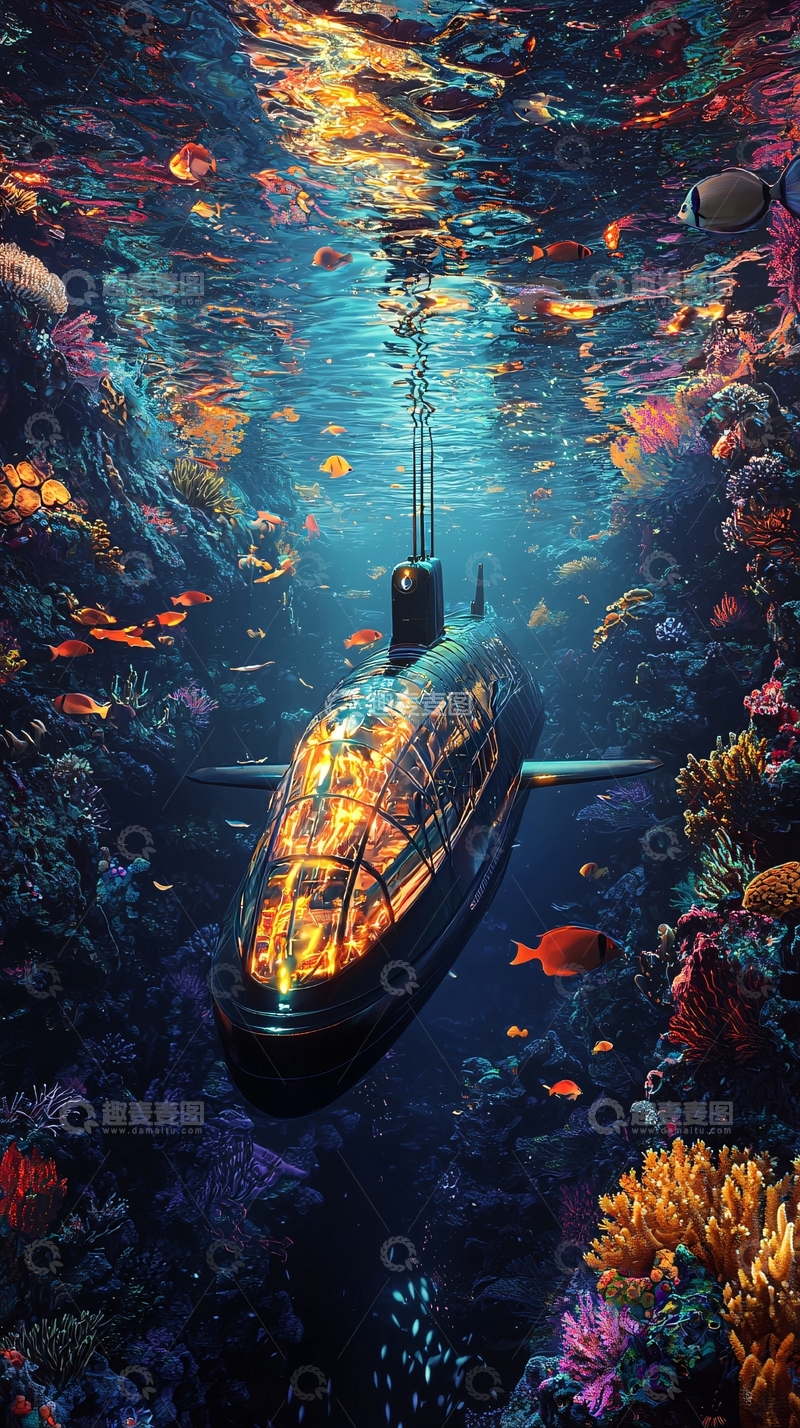 高清大图下载【趣麦麦图】深海潜艇珊瑚礁鱼群