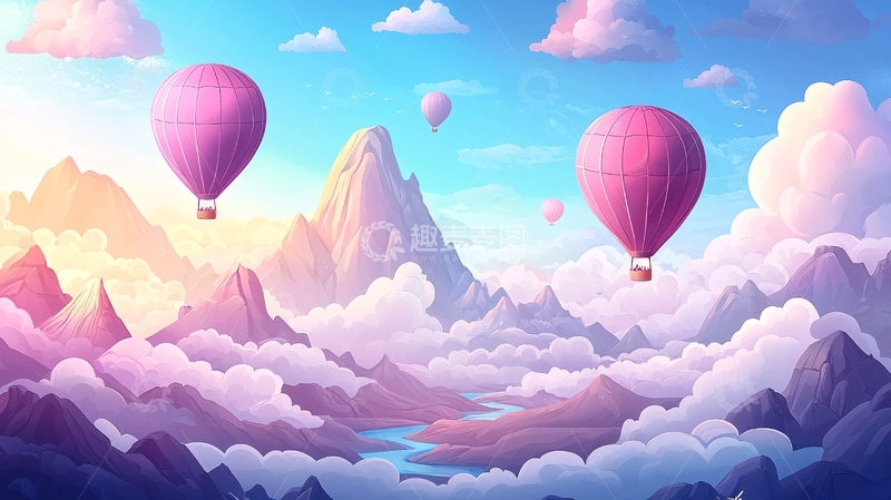 高清大图下载【趣麦麦图】粉色热气球在云雾缭绕的山间