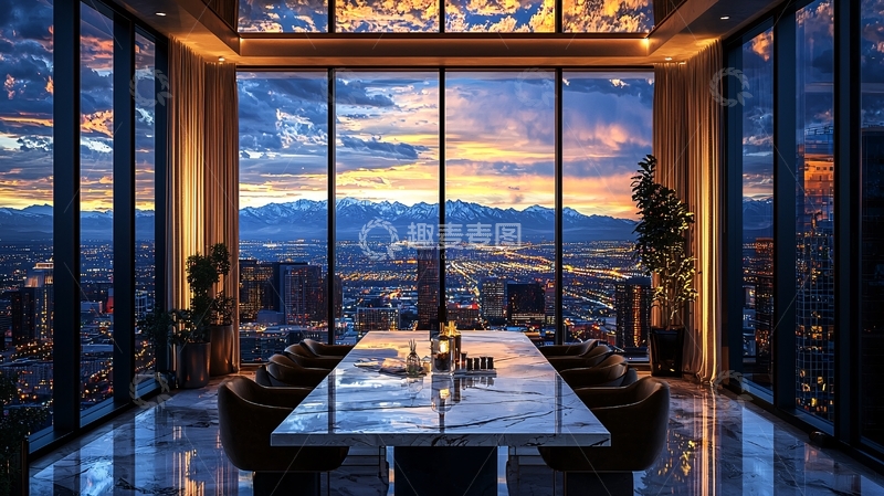 高清大图下载【趣麦麦图】城市夜景落地窗餐厅