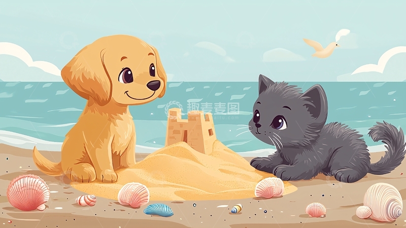 高清大图下载【趣麦麦图】沙滩上的狗狗和猫咪
