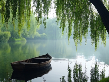 宁静湖边小木船
