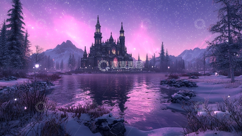 高清大图下载【趣麦麦图】梦幻紫霞雪山城堡