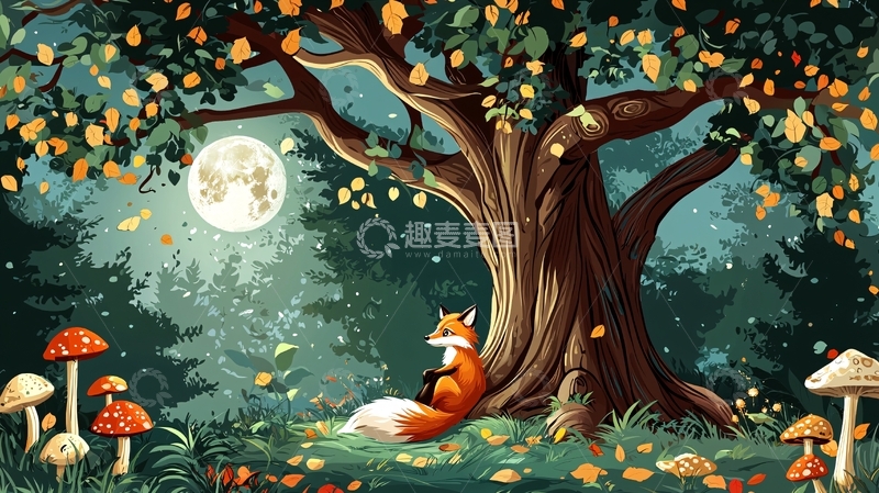 高清大图下载【趣麦麦图】月光下的狐狸与大树