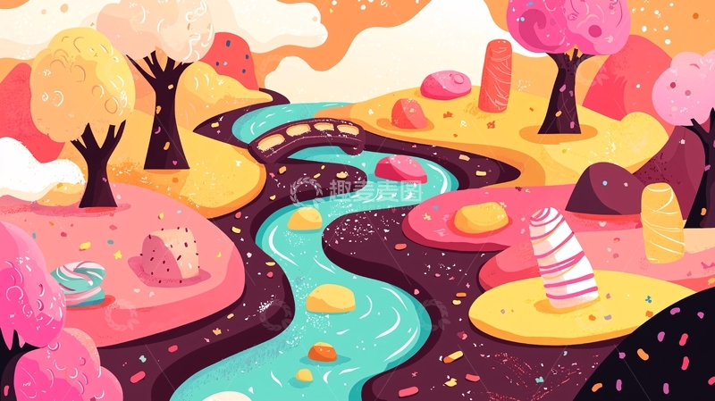 高清大图下载【趣麦麦图】彩色河流卡通风景