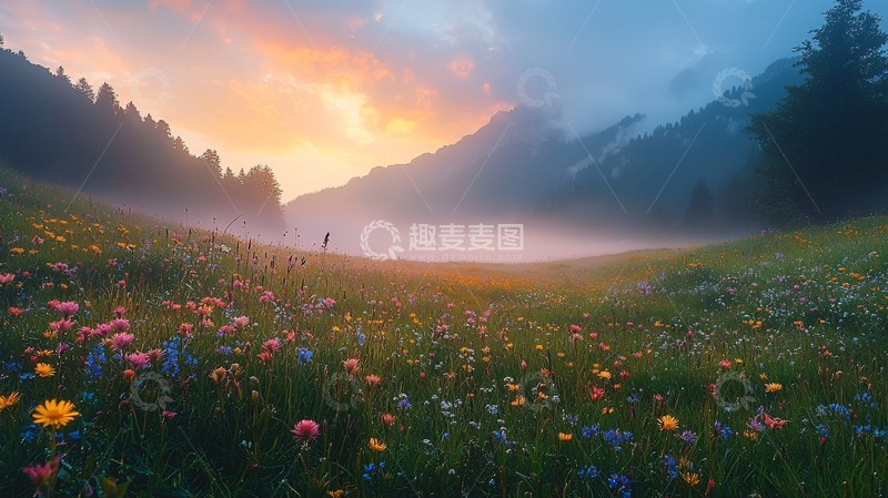 高清大图下载【趣麦麦图】日出山谷花海晨雾