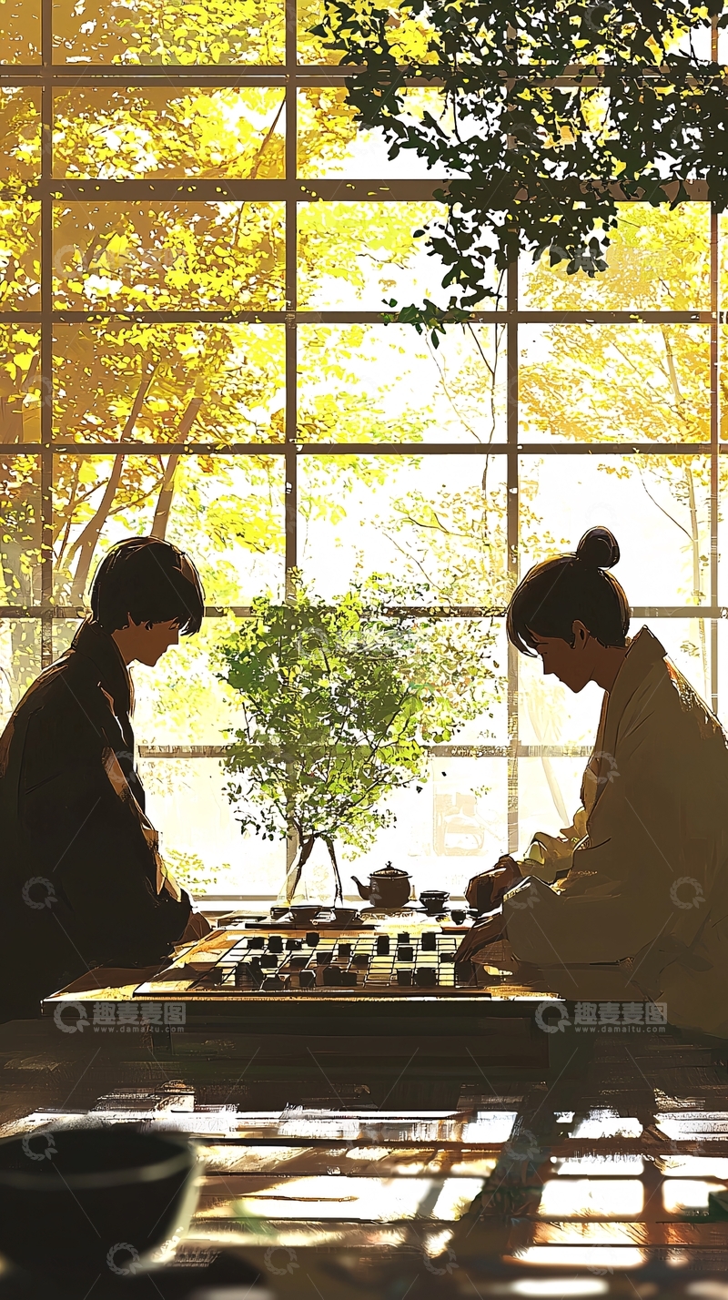高清大图下载【趣麦麦图】秋日午后两人对弈