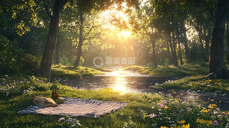 高清大图下载【趣麦麦图】森林小溪日出野餐