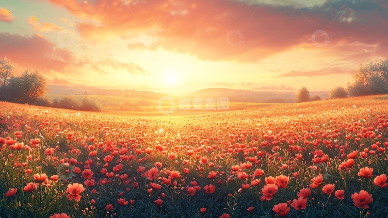 高清大图下载【趣麦麦图】日出田野罂粟花田