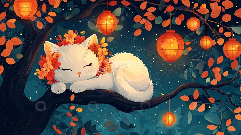 高清大图下载【趣麦麦图】树枝上睡觉的白猫