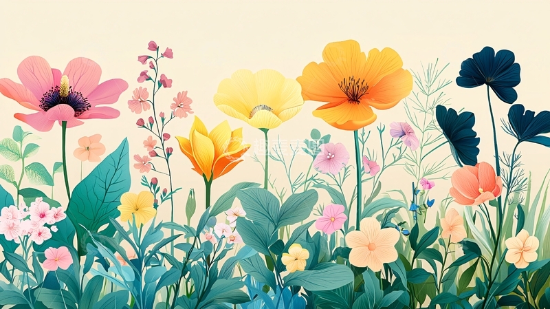 高清大图下载【趣麦麦图】多彩花朵与绿叶的田园风光