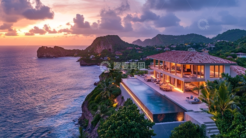 高清大图下载【趣麦麦图】海边别墅落日美景