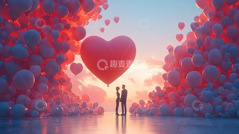 高清大图下载【趣麦麦图】爱心气球情侣剪影