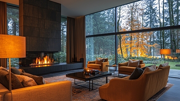 现代客厅落地窗外树林