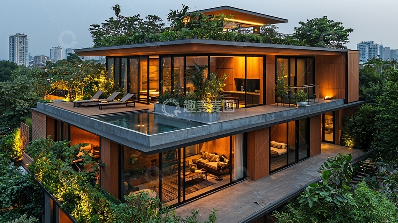 高清大图下载【趣麦麦图】现代风格绿色屋顶别墅