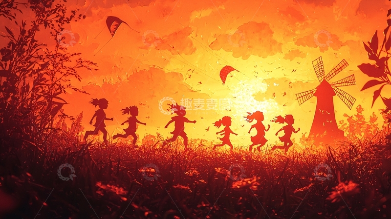 高清大图下载【趣麦麦图】夕阳下奔跑的孩子们