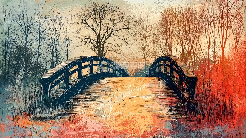 高清大图下载【趣麦麦图】秋日景色拱桥风景画