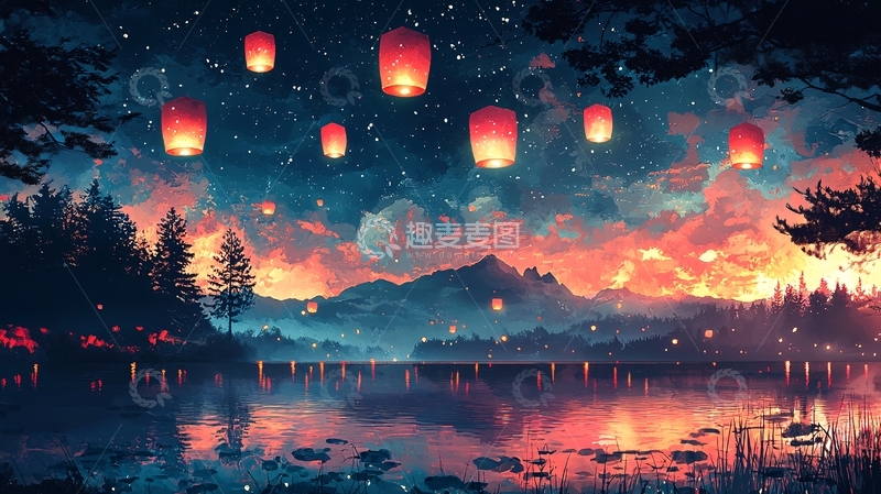 高清大图下载【趣麦麦图】梦幻星空下的湖边灯笼