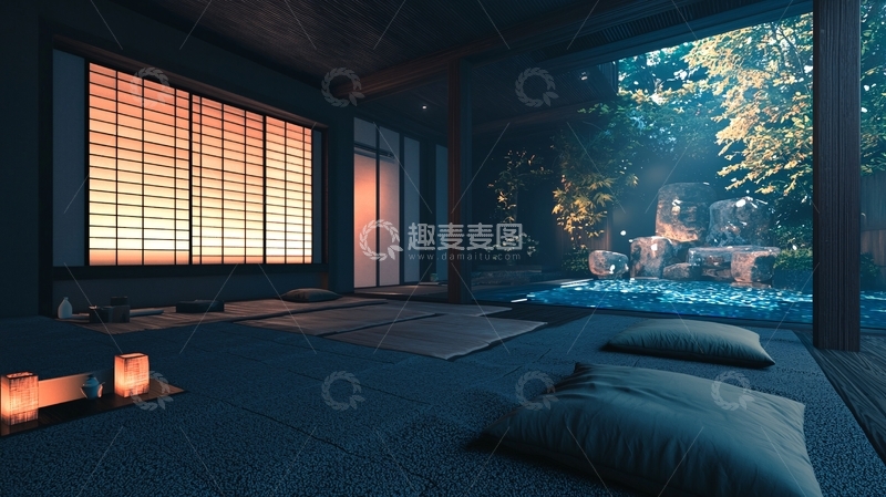 高清大图下载【趣麦麦图】日式庭院夜景