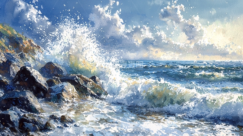 高清大图下载【趣麦麦图】波涛拍打岸边的岩石