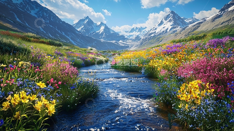 高清大图下载【趣麦麦图】高山流水鲜花盛开