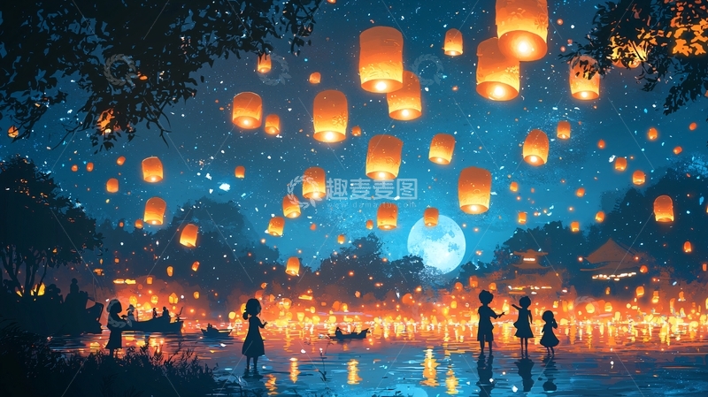 高清大图下载【趣麦麦图】夜空飞舞的孔明灯