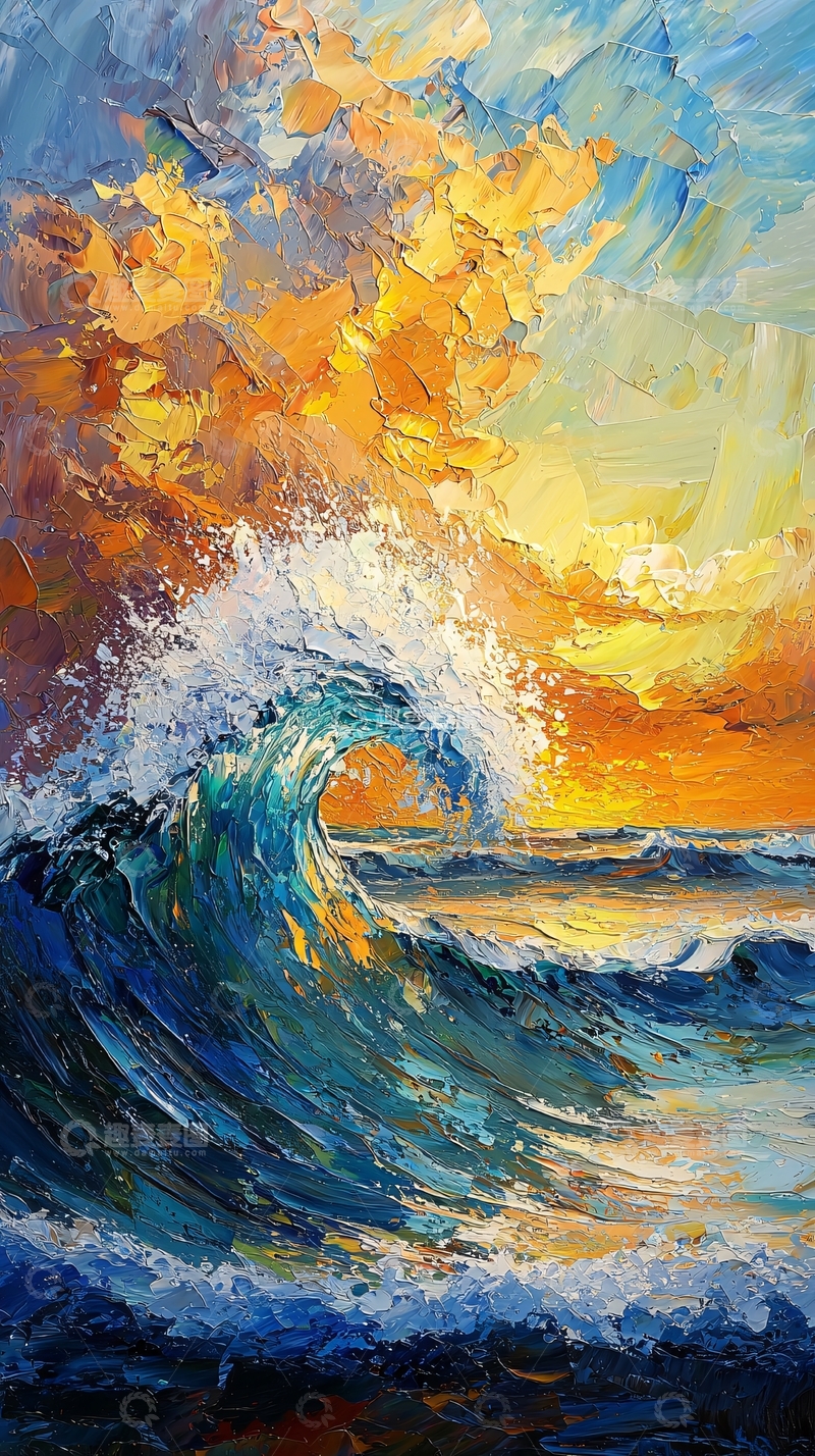 高清大图下载【趣麦麦图】海浪夕阳油画风格