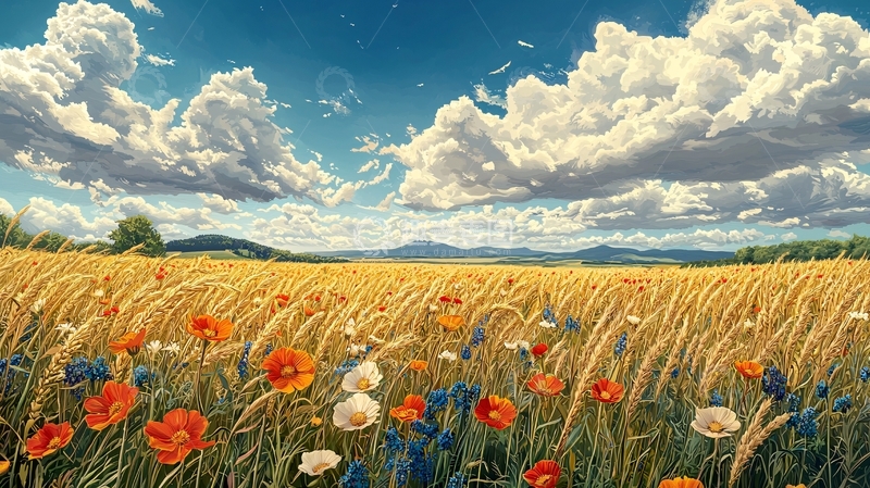 高清大图下载【趣麦麦图】金黄麦田野花蓝天白云