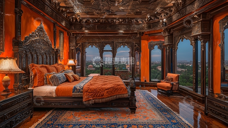 高清大图下载【趣麦麦图】奢华装饰的橙色卧室