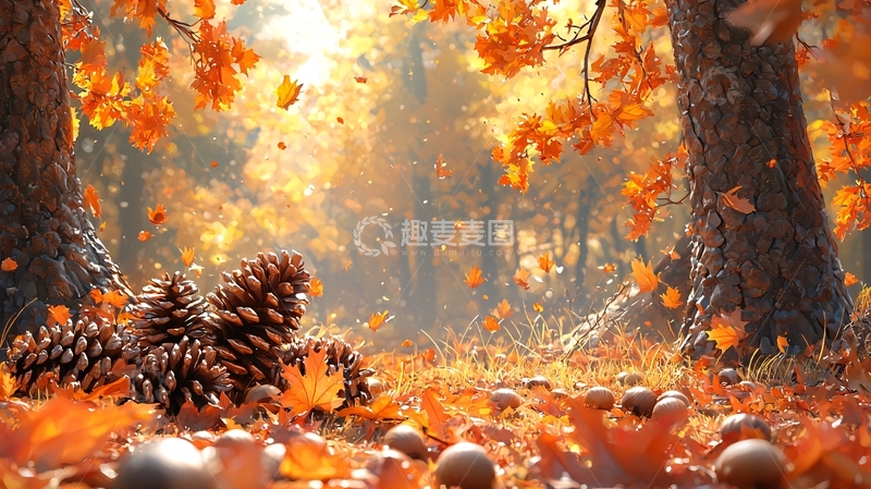 高清大图下载【趣麦麦图】秋日森林落叶松果